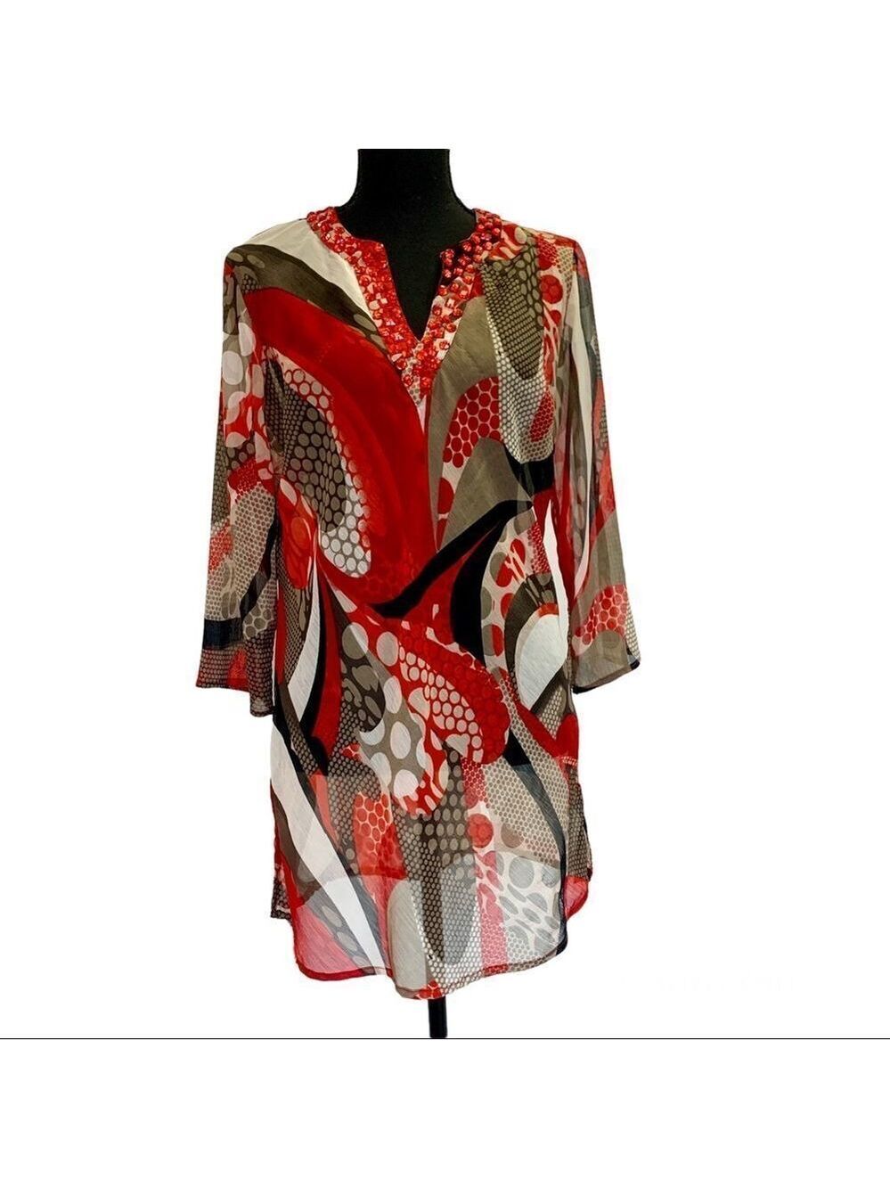 BELLISSIMA red tan gem embellished V-neckline sheer coverup blouse Sz S 🇨🇦🔥